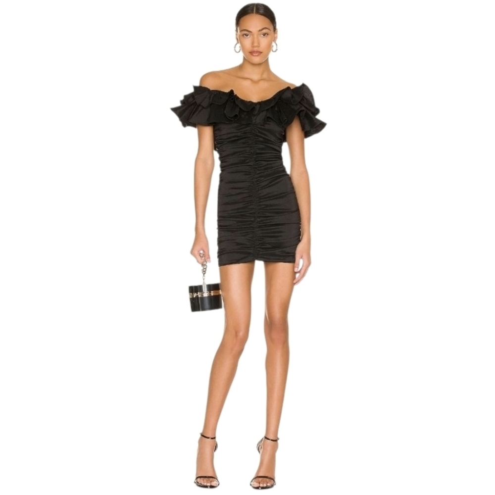 LOVERS + FRIENDS  NIKOLINA   OFF SHOULDER RUFFLED  RUCHED  BLACK  MINI DRESS  XS
